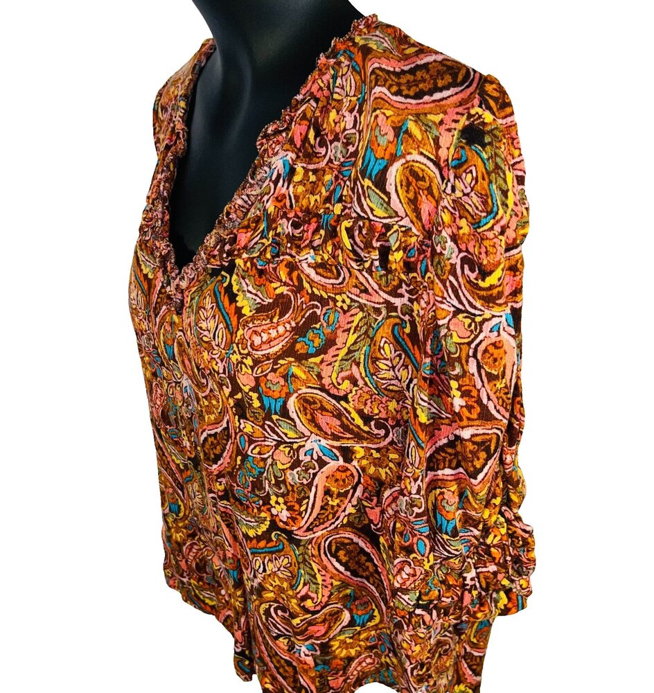 Democracy Peasant Blouse Women's L Brown Paisley V-Neck Bubble Half Sleeves - Picture 4 of 10